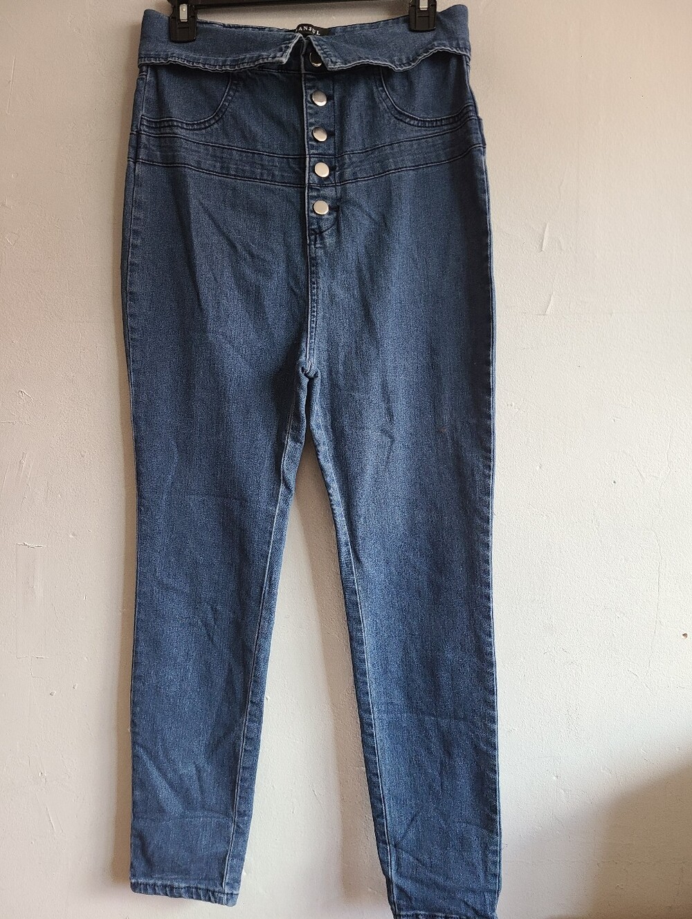 Women's large very high waisted button fly wide-fold waist skinny blue jeans